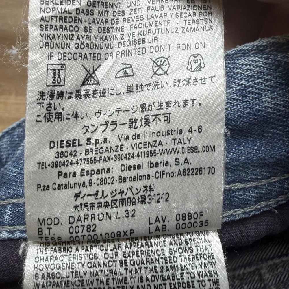 Diesel Darron Jeans Men 33x27 Blue Slim Tapered Distressed Dark Wash (Hemmed)